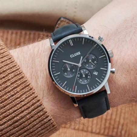 Montre homme cluse aravis chrono leather silver black – analogiques