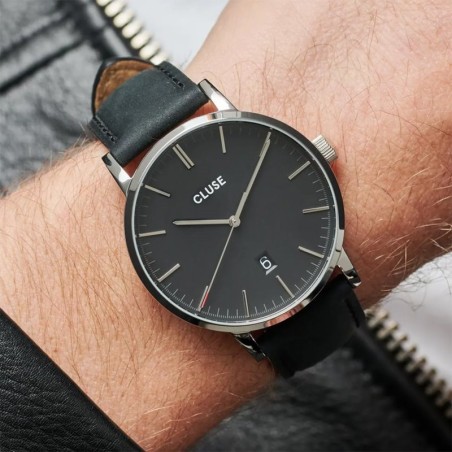 Montre homme cluse aravis leather silver black – analogiques