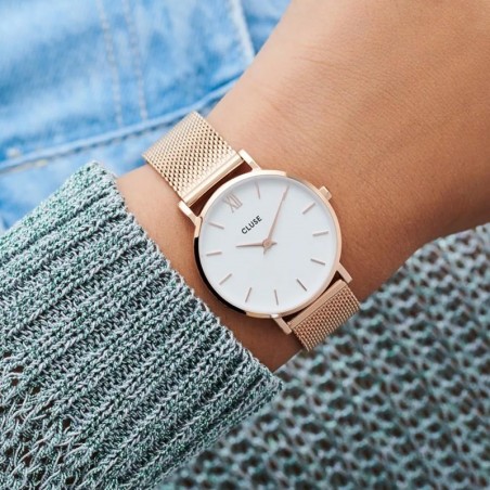 Montre femme cluse minuit mesh rose gold white – analogiques