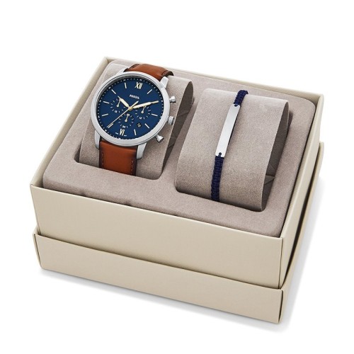 FOSSIL Montre connectée Explorist / Smartwatch homme étanche en cuir bleu  marine – Compatibilité iOS \u0026 Android – Coffret montre avec son chargeur