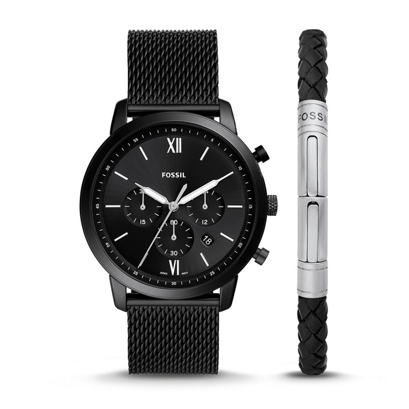 Coffret montre homme chronographe fossil neutra acier noir et bracelet  tressé - chronographes - edora