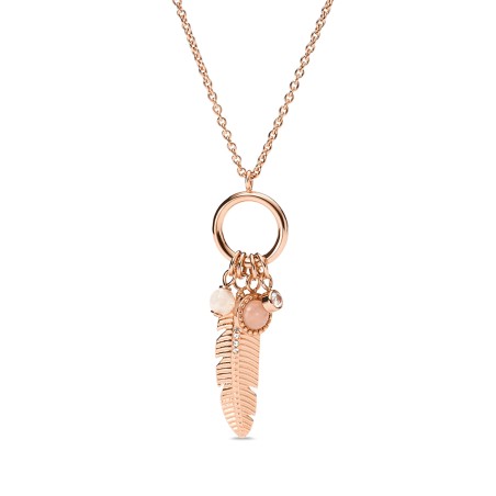 Collier femme fossil georgia feather acier doré rose et quartz – colliers femme