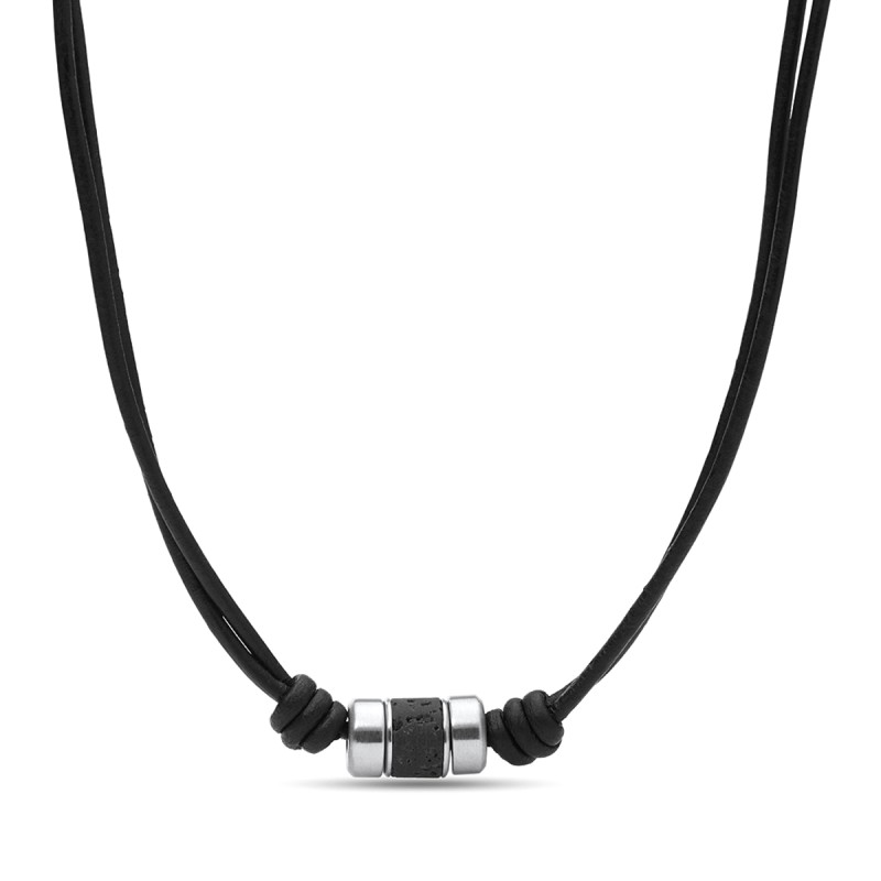 Collier homme fossil pampilles caravan cuir noir et pierre de lave -  colliers-homme - edora