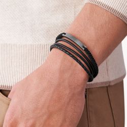 Bracelet homme fossil vintage casual multi-rangs cuir noir - bracelets-homme - edora - 2