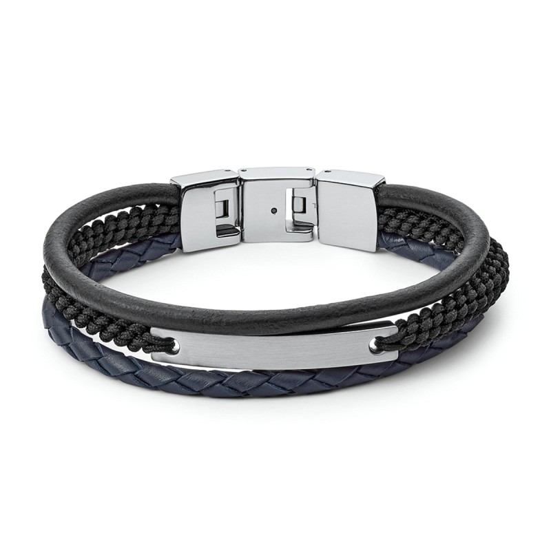 Bracelet homme fossil vintage casual multi-rangs cuir noir et bleu -  bracelets-homme - edora