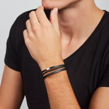 Bracelet homme fossil multi-rangs cuir noir  – bracelets homme