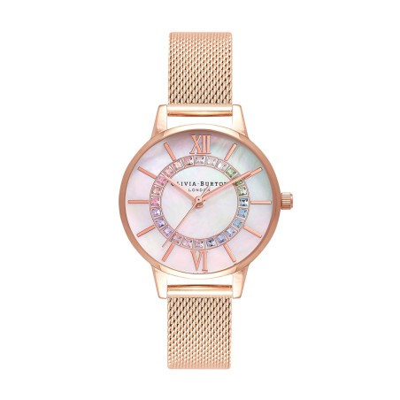Montre femme olivia burton rainbow sparkle wonderland acier doré rose  – montres femme