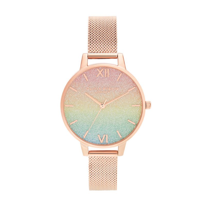 Montre femme olivia burton rainbow glitter cuir doré rose  - montres-femme - edora
