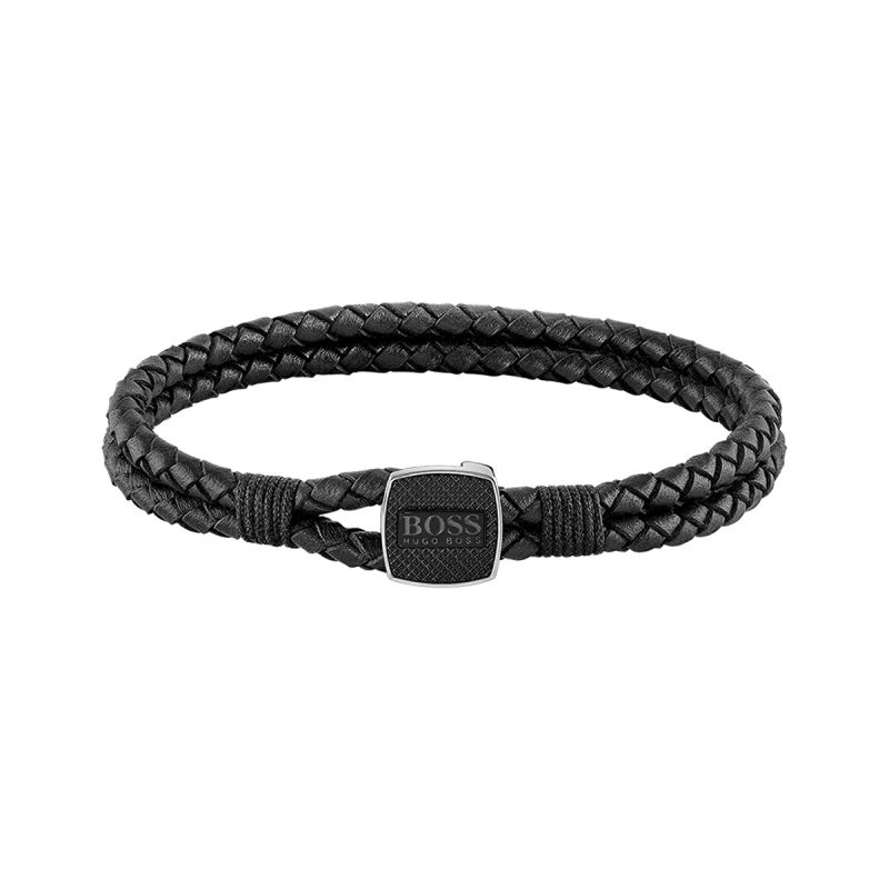 Bracelet homme tressé boss acier argenté et cuir noir - bracelets-homme - edora