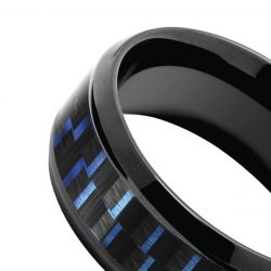 Bague homme mercury rochet acier noir et carbone fil bleu taille 60 - bague argent & or homme, bague homme - - bagues-homme - edora - 2