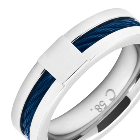 Bague homme cabestan rochet acier argenté et bleu taille 62 – bagues homme