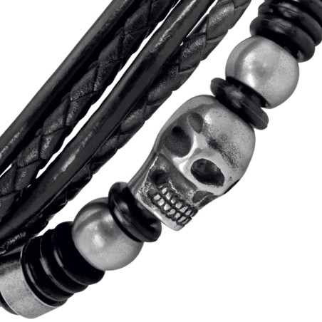 Bracelet homme fury et tête de mort rochet 5 cuirs noir et acier gris – bracelets homme