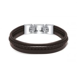 Bracelet homme stanford rochet acier argenté et cuir marron - bracelets-homme - edora - 0