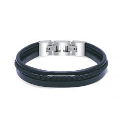 Bracelet homme stanford rochet acier argenté et cuir bleu - bracelets-homme - edora - 0