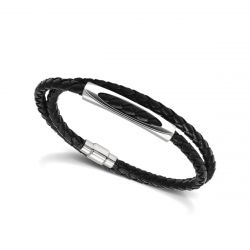 Bracelet homme rebel rochet acier argenté et cuir noir - bracelets-homme - edora - 1
