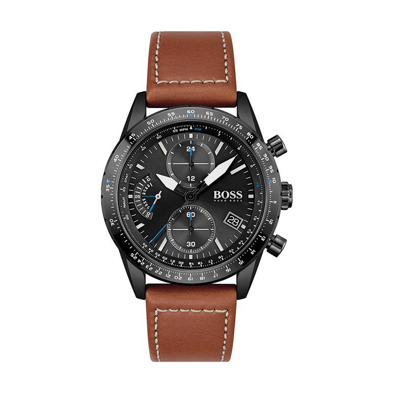 Montre homme chronographe pilot boss cuir marron - montres-homme - edora