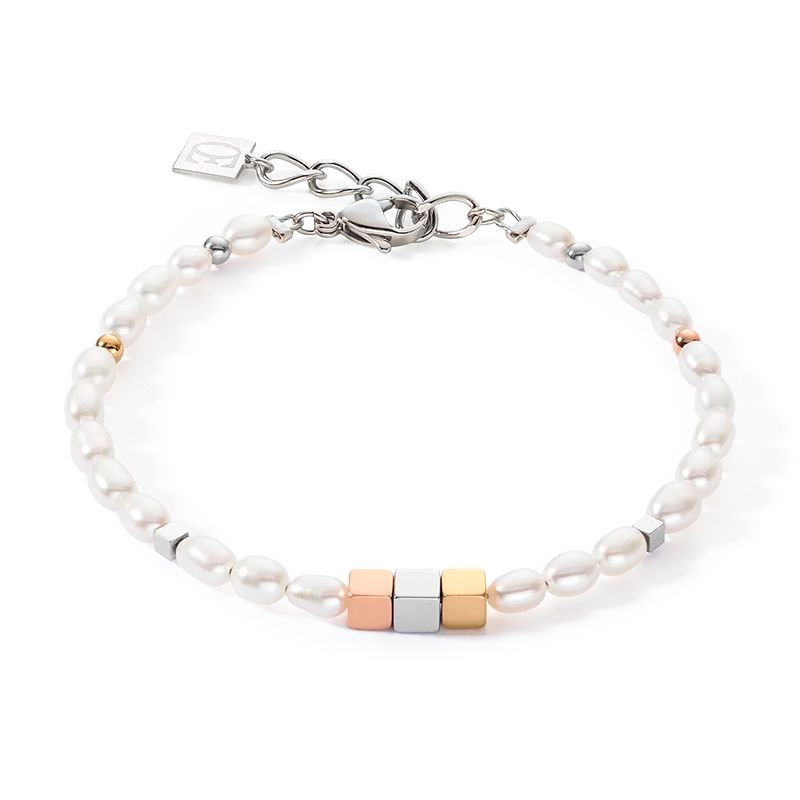 Bracelet femme coeur de lion cube trilogy & perles d'eau douce ovales acier  inoxydable - bracelets