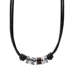 Collier homme fossil vintage casual cuir noir et perles d'acier inoxydables - colliers-homme - edora - 0