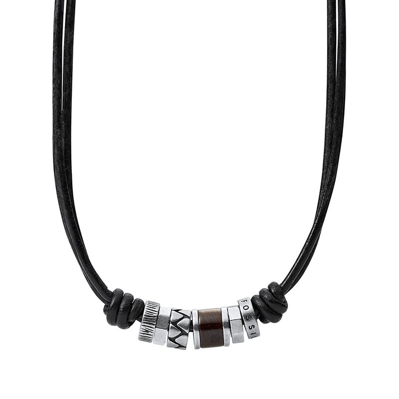 Collier homme fossil vintage casual cuir noir et perles d'acier inoxydables - colliers-homme - edora