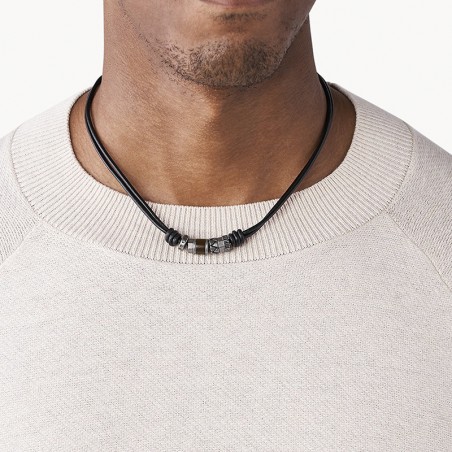 Collier homme fossil vintage casual cuir noir et perles d'acier inoxydables – colliers homme