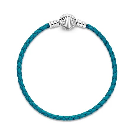 Bracelet femme pandora fermoir coquillage 19cm cuir tressé turquoise – accueil