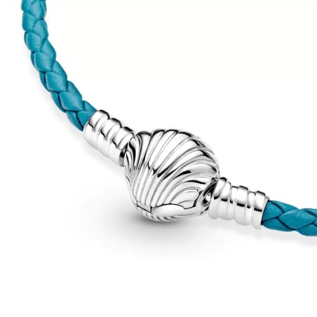Bracelet femme pandora fermoir coquillage 19cm cuir tressé turquoise – accueil