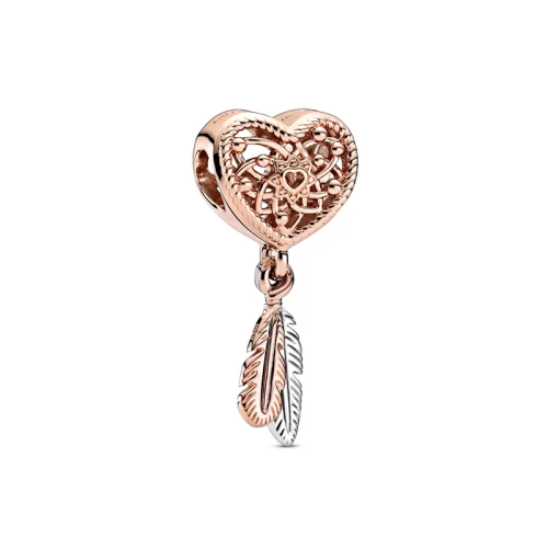 Charm Femme PANDORA ATTRAPE-RÊVES CŒUR AJOURÉ ET DUO DE PLUMES Argent 925/1000 Doré Rose 14 Carats