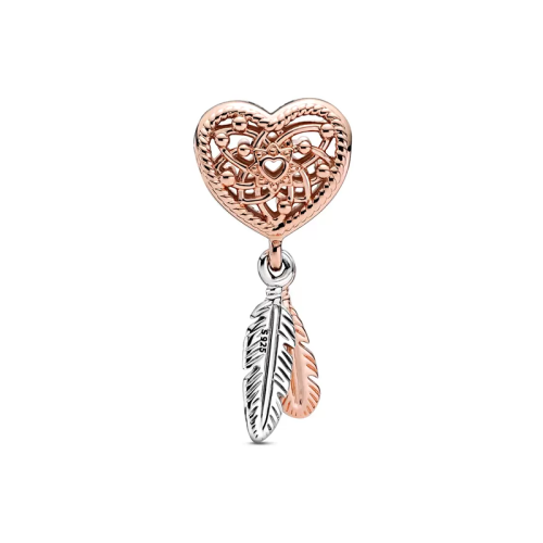 Charm Femme PANDORA ATTRAPE-RÊVES CŒUR AJOURÉ ET DUO DE PLUMES Argent 925/1000 Doré Rose 14 Carats