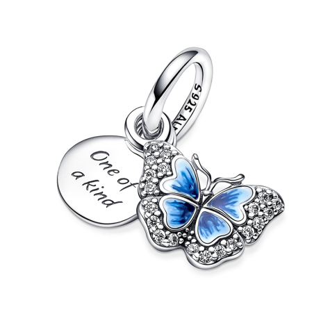 Charm femme pandora pendant double papillon bleu &amp; citation argent 925/1000 – charms