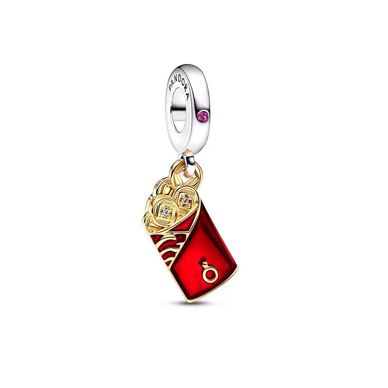 Charm femme pandora pendant enveloppe rouge bicolore argent 925/1000 et doré 14 carats - charms - edora