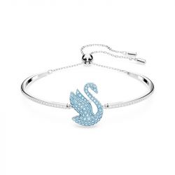 Bracelet femme jonc swarovski iconic swan bleu métal rhodié blanc - joncs - edora - 0