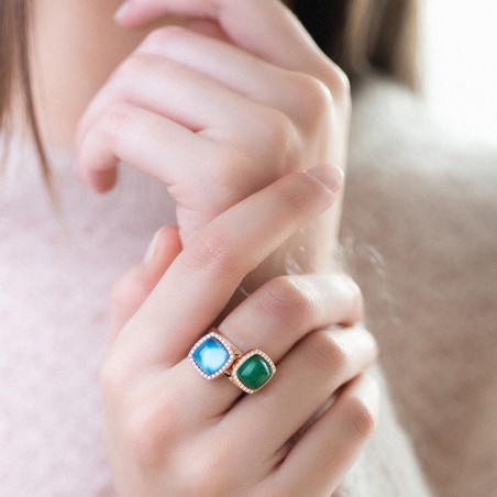 Bague femme pantelleria or rose 750/1000 avec cristal de roche sur malachite et diamants – bagues femme