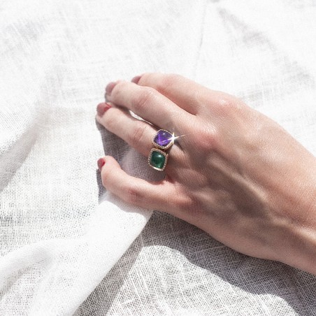 Bague femme pantelleria or rose 750/1000 avec cristal de roche sur malachite et diamants – bagues femme