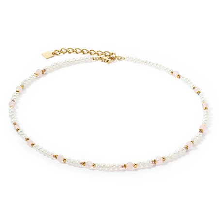 Collier Femme CŒUR DE LION ROMANTIC Acier Doré Perles d'Eau Douce Et Quartz Roses