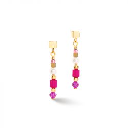 Boucles d'oreilles pendantes femme coeur de lion princess square stripes magenta acier doré - pendantes - edora - 0
