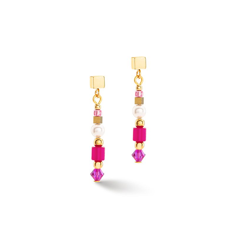 Boucles d'oreilles pendantes femme coeur de lion princess square stripes magenta acier doré - pendantes - edora