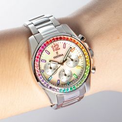 Montre chronographe femme festina boyfriend rainbow acier argenté - chronographes - edora - 1