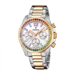 Montre chronographe femme festina boyfriend rainbow acier bicolore argenté et doré rose - chronographes - edora - 0