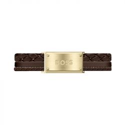 Bracelet homme boss galen acier doré et cuir brun - bracelets-homme - edora - 0