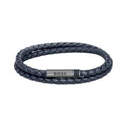 Bracelet homme boss ares cuir bleu et acier noir - bracelets-homme - edora - 0