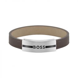 Bracelet homme boss luke cuir brun acier argenté - bracelets-homme - edora - 0