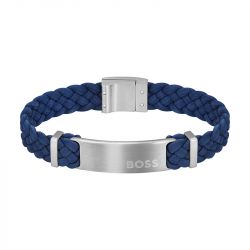 Bracelet homme boss cuir bleu et acier argenté - bracelets-homme - edora - 0