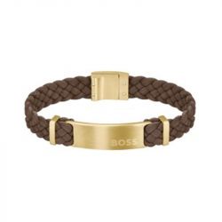 Bracelet homme boss cuir brun et acier doré - bracelets-homme - edora - 0