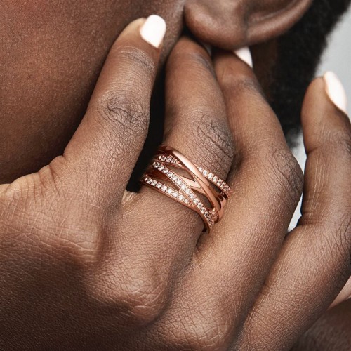 Bague Femme Taille 56 PANDORA SCINTILLANTE & LIGNES POLIES Doré Rose 14 Carats