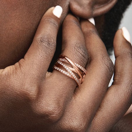 Bague Femme Taille 56 PANDORA SCINTILLANTE & LIGNES POLIES Doré Rose 14 Carats