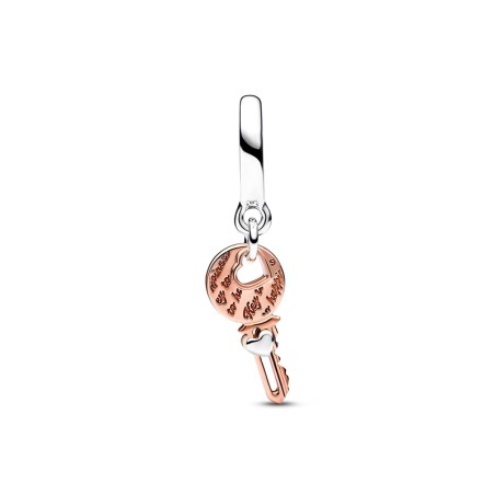 Charm femme pandora pendant clé &amp; cœur coulissant doré rose 14 carats argent 925/1000 – charms