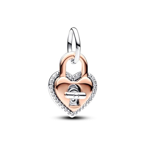 Charm Femme PANDORA PENDANT DOUBLE CADENAS CŒUR BARRE PIVOTANTE BIMATIÈRE Doré Rose 14 Carats Argent 925/1000