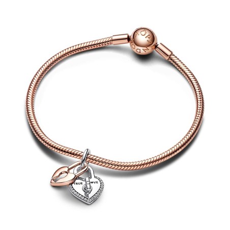 Charm femme pandora pendant double cadenas cœur barre pivotante bimatière doré rose 14 carats argent 925/1000 – charms