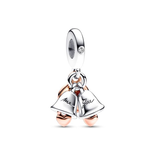 Charm Femme PANDORA PENDANT DOUBLE CLOCHES DE MARIAGE Doré Rose 14 Carats Argent 925/1000