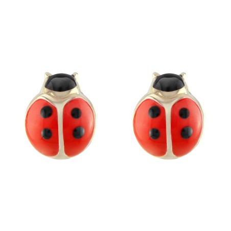 Boucles d'Oreilles Enfant Puces Coccinelles OR 750/1000 Jaune et Laque